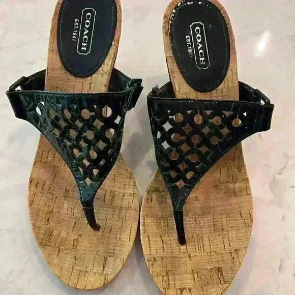 COACH Lattice Black Cut-Out Logo Wedges Size 8 - Picture 1 of 4